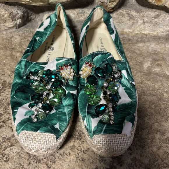 CHINESE Laundry Hayden Green Tropical Print Beaded Bug Espadrilles Shoes 9/40 - Picture 4 of 10